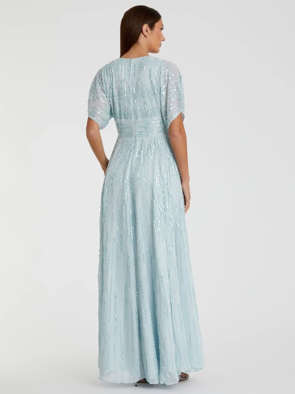 Mac Duggal Blue Maxi Dress V-neck Sequin Short Sleeve Empire Waist 10807 Size 14 - Picture 2 of 16